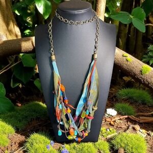 Boho Festival‎ Ribbon Bead Necklace Artisan Handmade Colorful Layered Jewelry